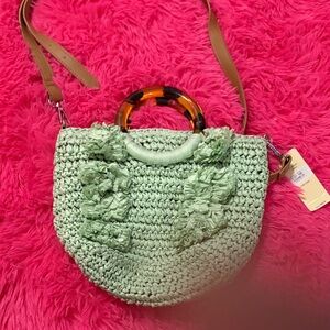 Stylish Green Crochet Shoulder Bag with Tan Straps